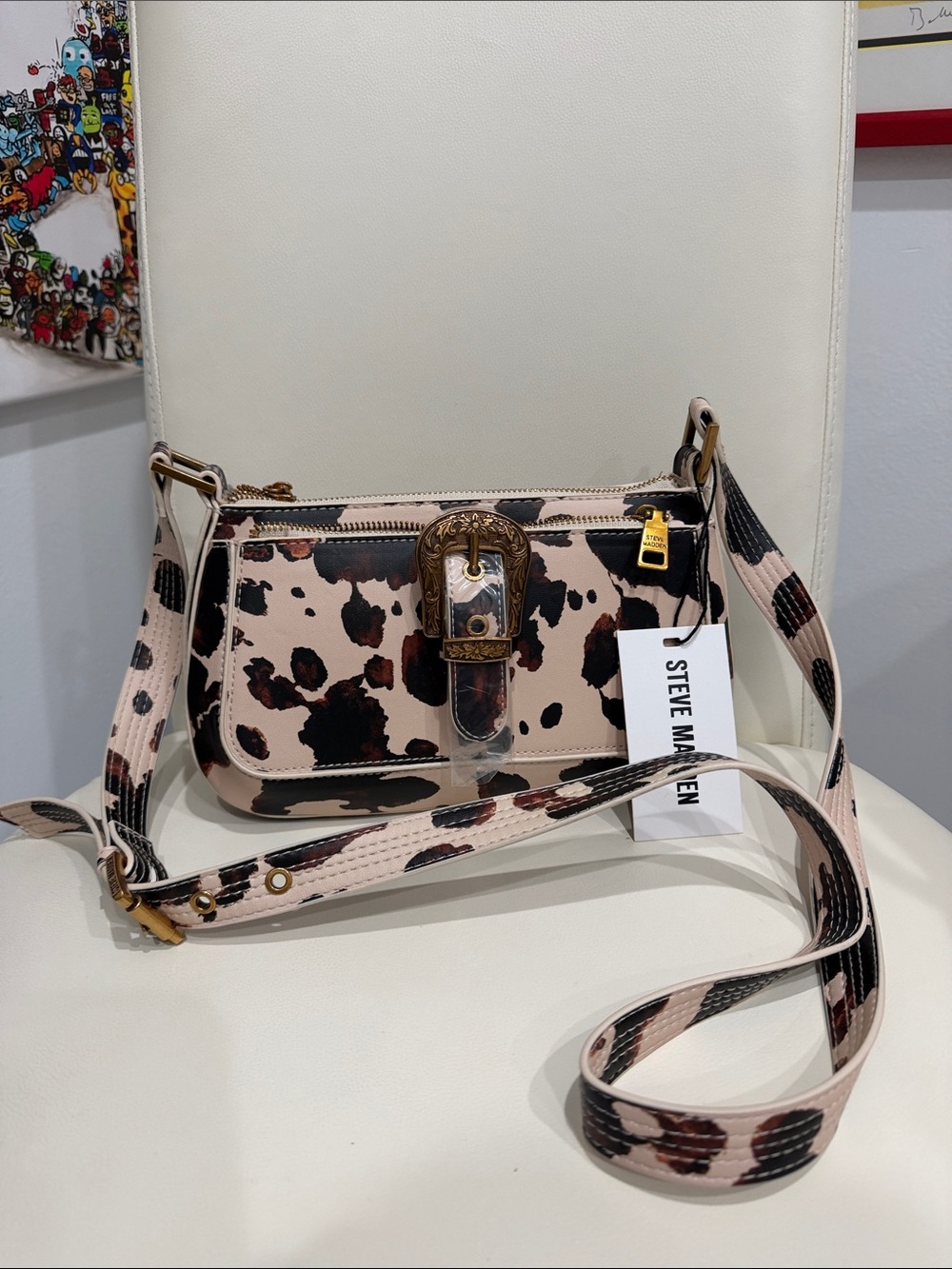 Steve Madden Beige/Brown/Gold/Black Cow Print Crossbody Bag